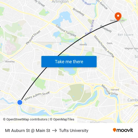 Mt Auburn St @ Main St to Tufts University map