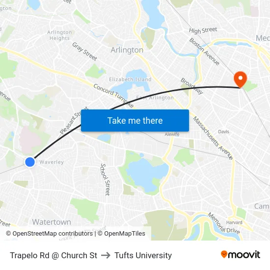 Trapelo Rd @ Church St to Tufts University map