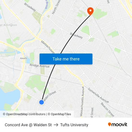 Concord Ave @ Walden St to Tufts University map