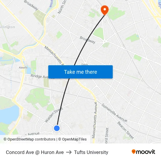 Concord Ave @ Huron Ave to Tufts University map