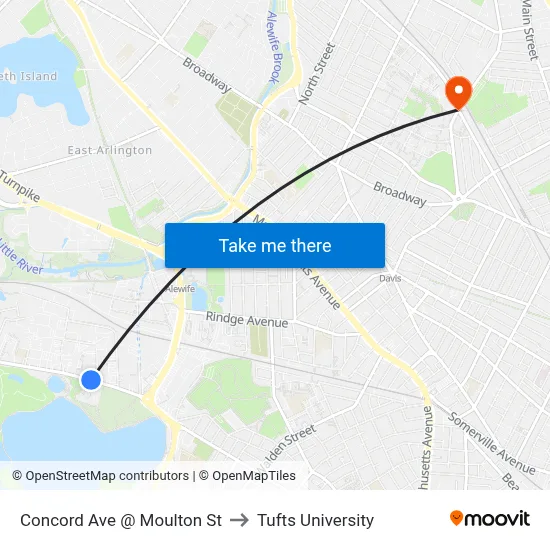 Concord Ave @ Moulton St to Tufts University map