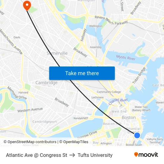 Atlantic Ave @ Congress St to Tufts University map