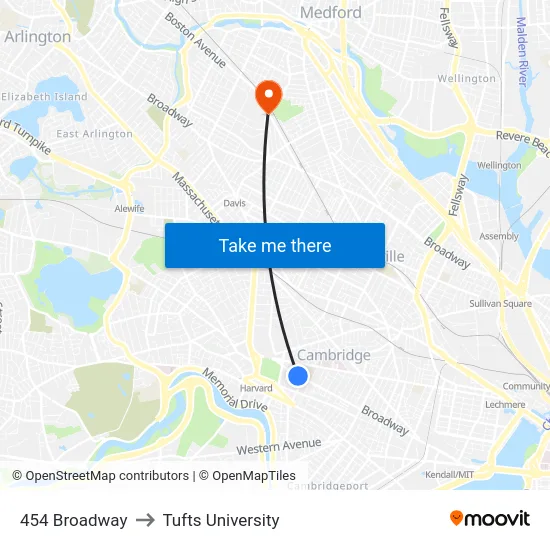 454 Broadway to Tufts University map