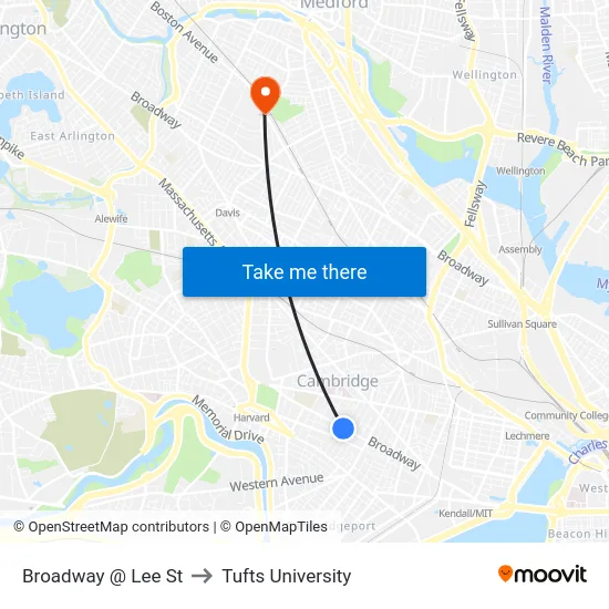 Broadway @ Lee St to Tufts University map