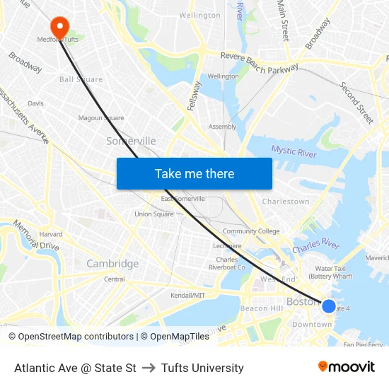 Atlantic Ave @ State St to Tufts University map