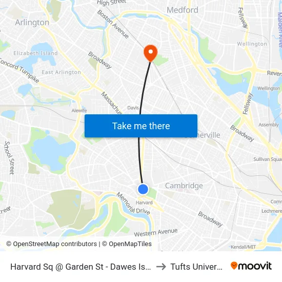 Harvard Sq @ Garden St - Dawes Island to Tufts University map