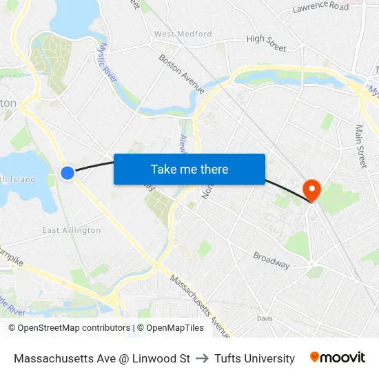 Massachusetts Ave @ Linwood St to Tufts University map