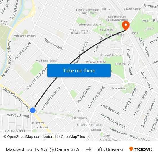 Massachusetts Ave @ Cameron Ave to Tufts University map