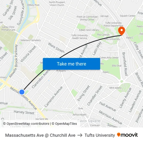 Massachusetts Ave @ Churchill Ave to Tufts University map