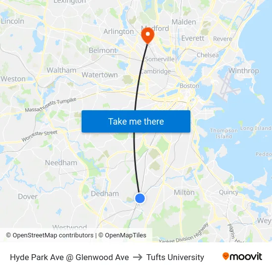 Hyde Park Ave @ Glenwood Ave to Tufts University map