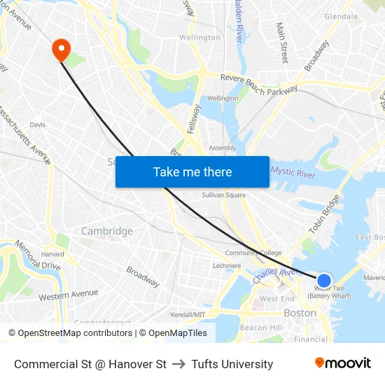 Commercial St @ Hanover St to Tufts University map