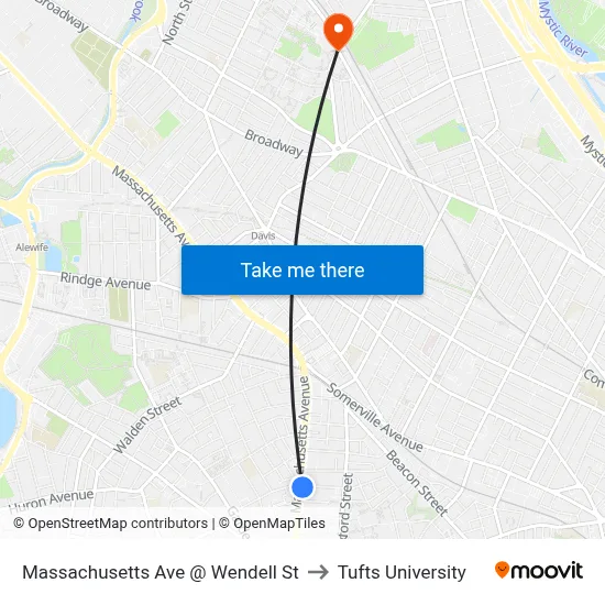 Massachusetts Ave @ Wendell St to Tufts University map