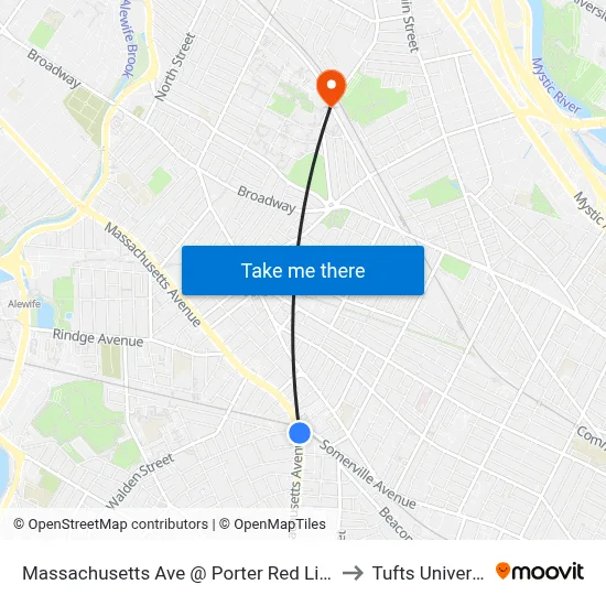 Massachusetts Ave @ Porter Red Line Sta to Tufts University map