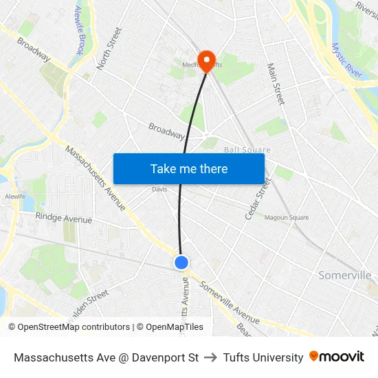 Massachusetts Ave @ Davenport St to Tufts University map