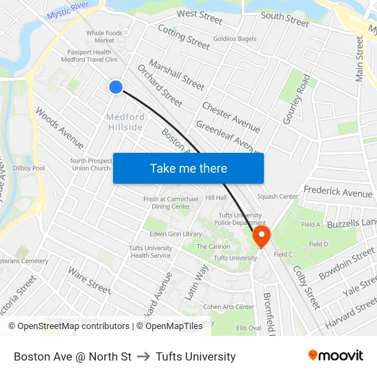 Boston Ave @ North St to Tufts University map