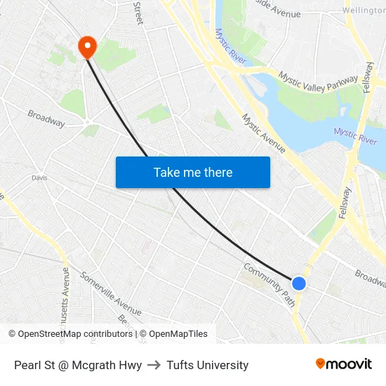 Pearl St @ Mcgrath Hwy to Tufts University map