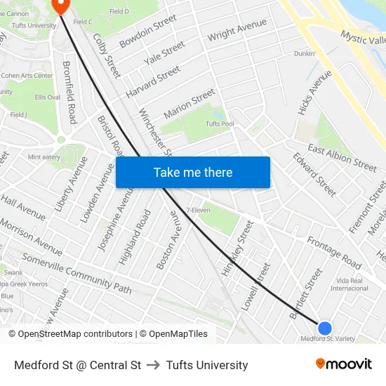 Medford St @ Central St to Tufts University map