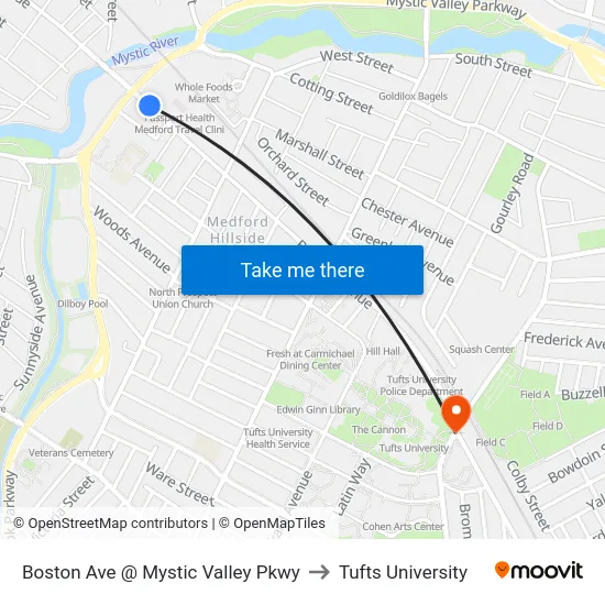Boston Ave @ Mystic Valley Pkwy to Tufts University map