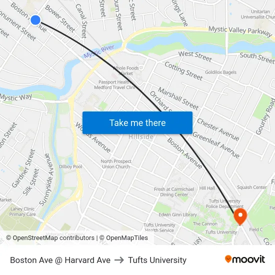 Boston Ave @ Harvard Ave to Tufts University map