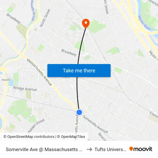 Somerville Ave @ Massachusetts Ave to Tufts University map