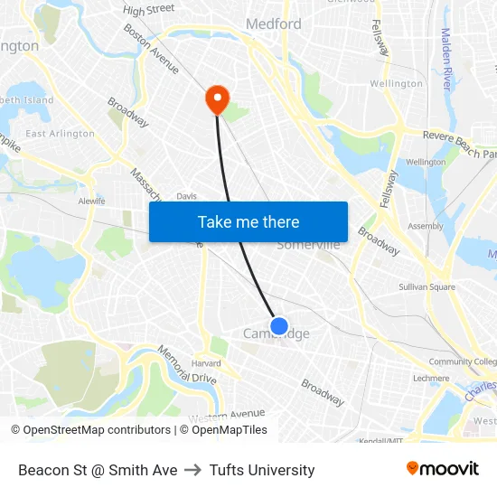 Beacon St @ Smith Ave to Tufts University map