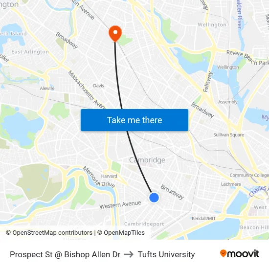 Prospect St @ Bishop Allen Dr to Tufts University map