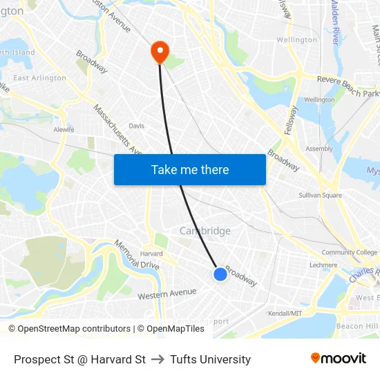 Prospect St @ Harvard St to Tufts University map