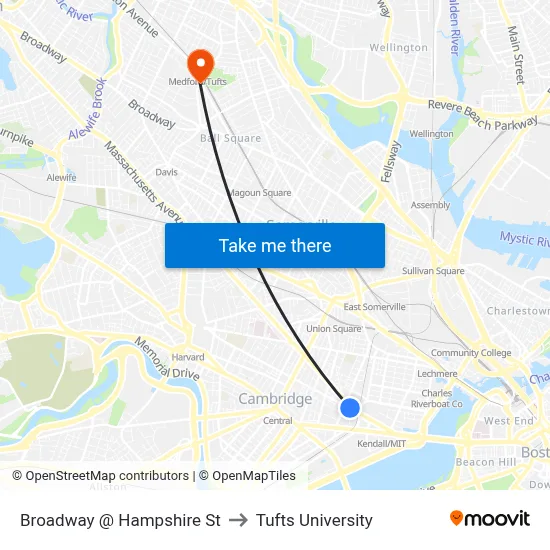 Broadway @ Hampshire St to Tufts University map