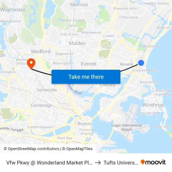 Vfw Pkwy @ Wonderland Market Place to Tufts University map
