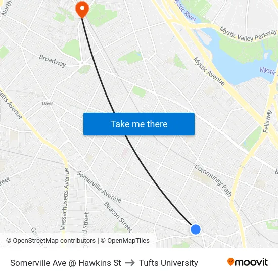 Somerville Ave @ Hawkins St to Tufts University map