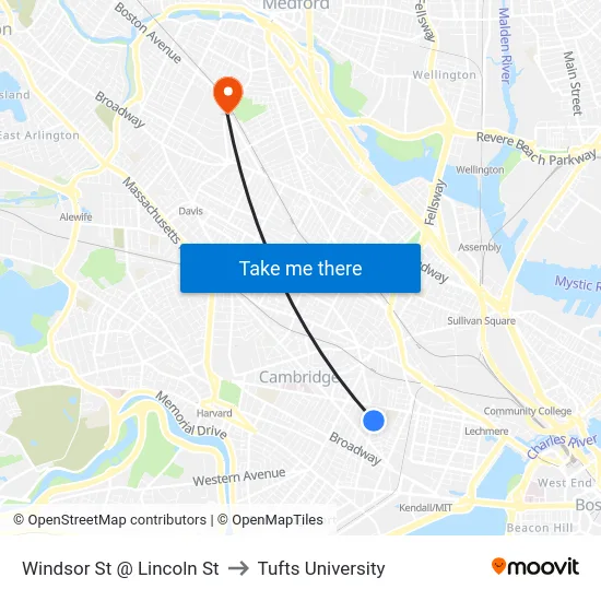 Windsor St @ Lincoln St to Tufts University map