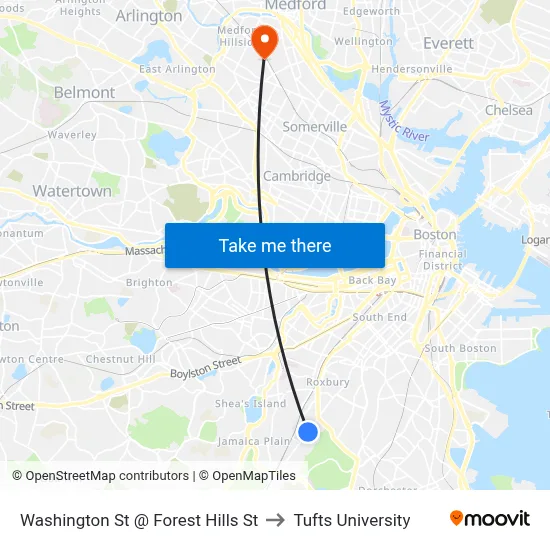 Washington St @ Forest Hills St to Tufts University map