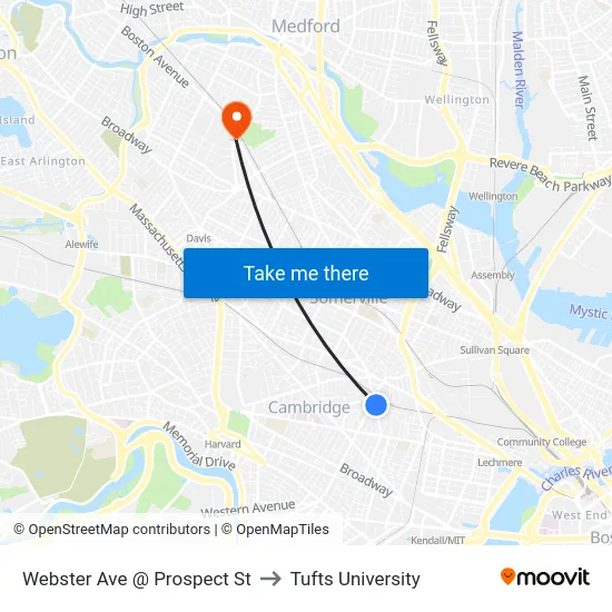 Webster Ave @ Prospect St to Tufts University map