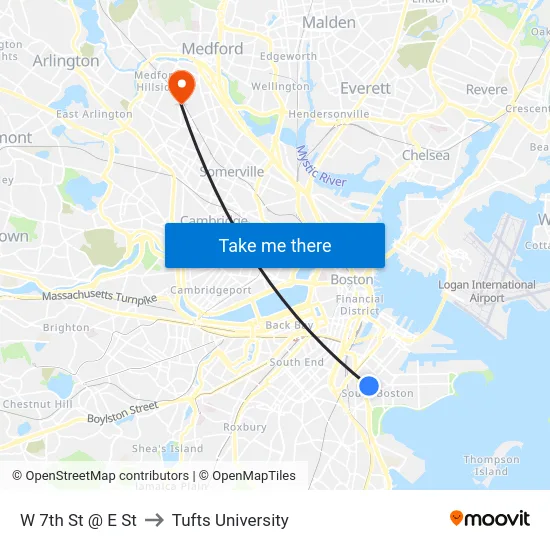 W 7th St @ E St to Tufts University map