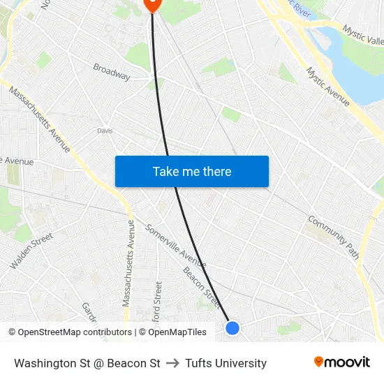 Washington St @ Beacon St to Tufts University map