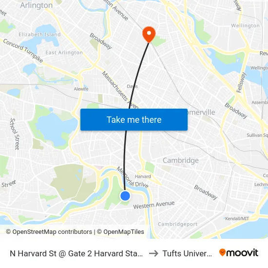 N Harvard St @ Gate 2 Harvard Stadium to Tufts University map