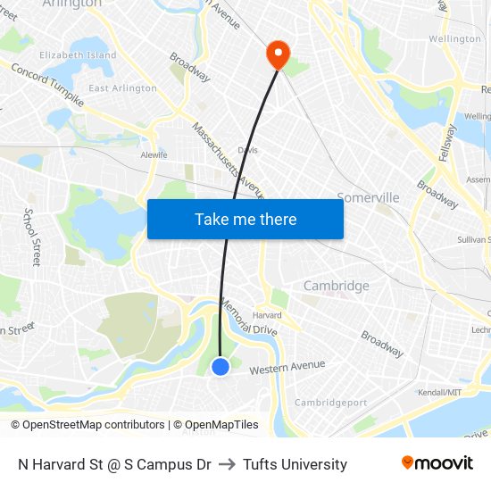 N Harvard St @ S Campus Dr to Tufts University map