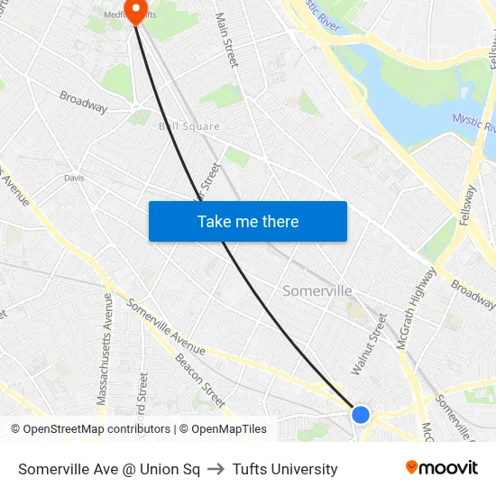 Somerville Ave @ Union Sq to Tufts University map