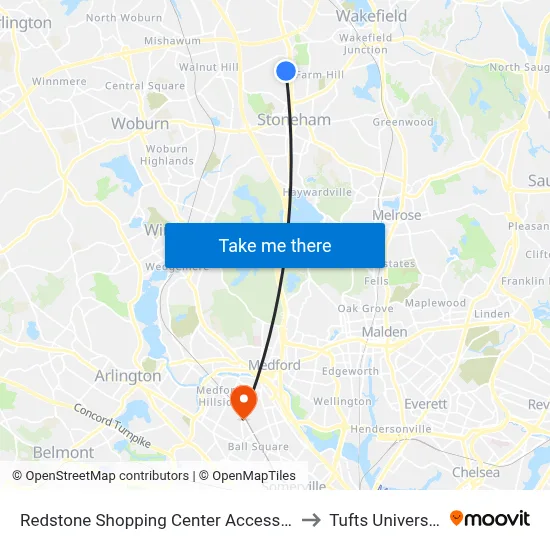 Redstone Shopping Center Access Rd to Tufts University map