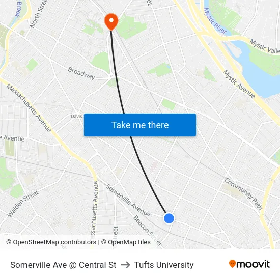 Somerville Ave @ Central St to Tufts University map