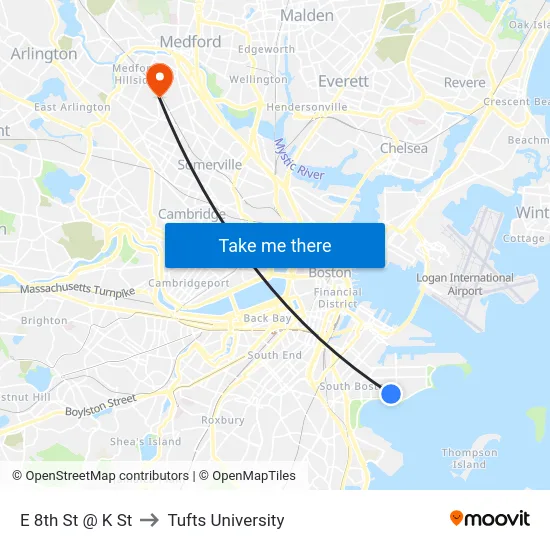 E 8th St @ K St to Tufts University map