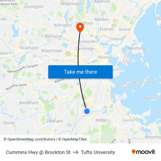 Cummins Hwy @ Brockton St to Tufts University map