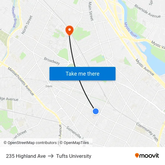 235 Highland Ave to Tufts University map