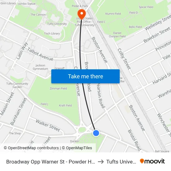 Broadway Opp Warner St - Powder House Sq to Tufts University map