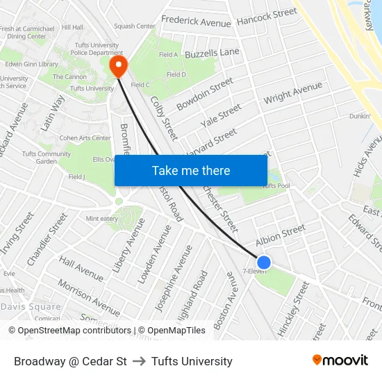 Broadway @ Cedar St to Tufts University map