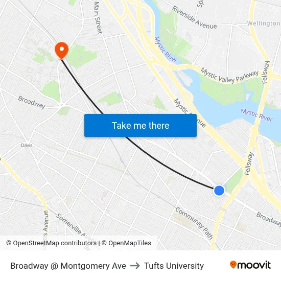 Broadway @ Montgomery Ave to Tufts University map