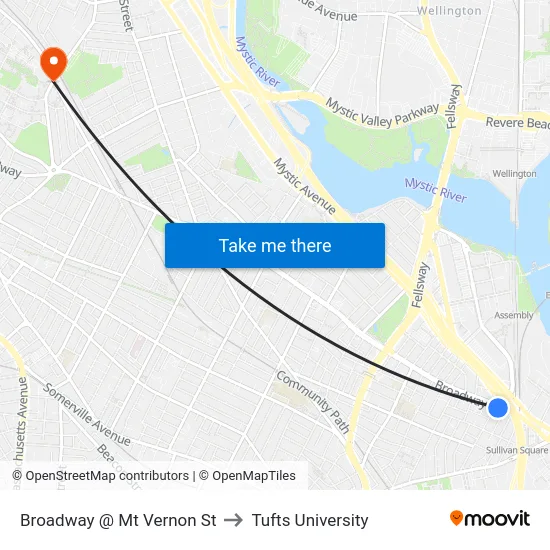 Broadway @ Mt Vernon St to Tufts University map