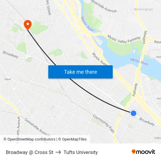 Broadway @ Cross St to Tufts University map