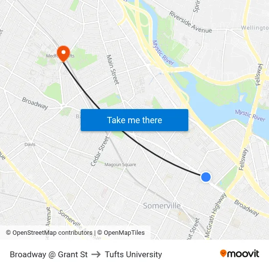 Broadway @ Grant St to Tufts University map
