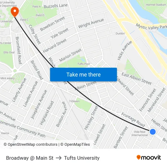 Broadway @ Main St to Tufts University map